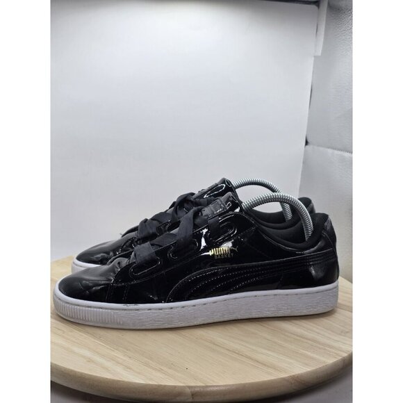 Puma Basket Heart Sneakers Shoes Womens 9.5 Patent Black Running Athletic Ribbon - Picture 1 of 7
